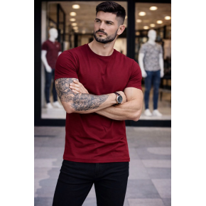Erkek Body Tişört Bisiklet Yaka Slim Fit Likralı T-Shirt - Bordo