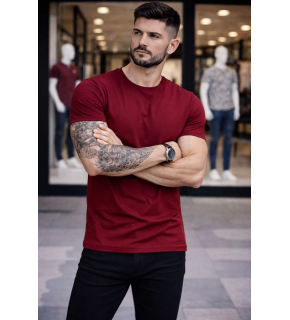 Erkek Body Tişört Bisiklet Yaka Slim Fit Likralı T-Shirt - Bordo