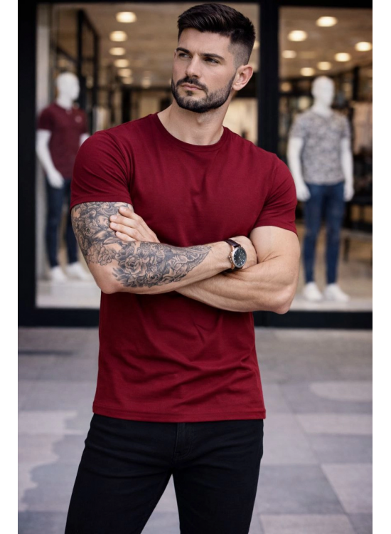 Erkek Body Tişört Bisiklet Yaka Slim Fit Likralı T-Shirt - Bordo Erkek Body Tişört Bisiklet Yaka Slim Fit Likralı T-Shirt - Bordo