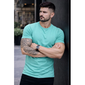 Erkek Body Tişört Bisiklet Yaka Slim Fit Likralı T-Shirt - Turkuvaz