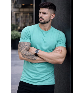 Erkek Body Tişört Bisiklet Yaka Slim Fit Likralı T-Shirt - Turkuvaz