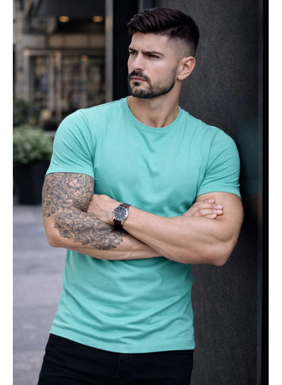 Erkek Body Tişört Bisiklet Yaka Slim Fit Likralı T-Shirt - Turkuvaz Erkek Body Tişört Bisiklet Yaka Slim Fit Likralı T-Shirt - Turkuvaz