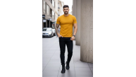 Erkek Body Tişört Bisiklet Yaka Slim Fit Likralı T-Shirt - Limon