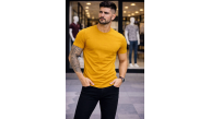 Erkek Body Tişört Bisiklet Yaka Slim Fit Likralı T-Shirt - Limon