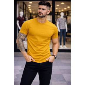 Erkek Body Tişört Bisiklet Yaka Slim Fit Likralı T-Shirt - Limon