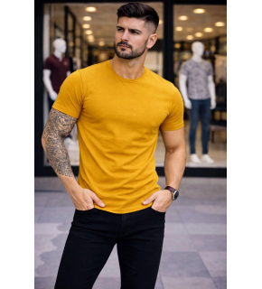 Erkek Body Tişört Bisiklet Yaka Slim Fit Likralı T-Shirt - Limon