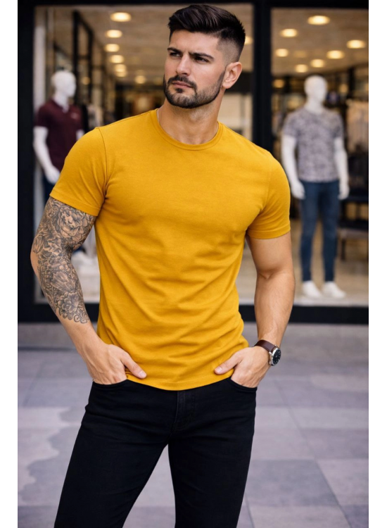 Erkek Body Tişört Bisiklet Yaka Slim Fit Likralı T-Shirt - Limon