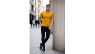 Erkek Body Tişört Bisiklet Yaka Slim Fit Likralı T-Shirt - Limon