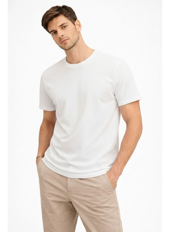Erkek Bisiklet Yaka Yazlık Kısa kol Düz Tişört Regular Kalıp T-shirt - Beyaz