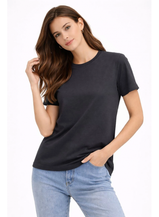 Kadın Bisiklet Yaka Yazlık Kısa kol Düz Tişört Regular Kalıp T-shirt - Füme Kadın Bisiklet Yaka Yazlık Kısa kol Düz Tişört Regular Kalıp T-shirt - Füme