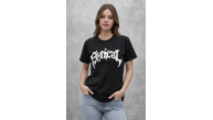 Kadın Kısa Kol Yazlık Tişört Bisiklet Yaka Baskılı Oversize T-Shirt - Siyah Kadın Kısa Kol Yazlık Tişört Bisiklet Yaka Baskılı Oversize T-Shirt - Siyah