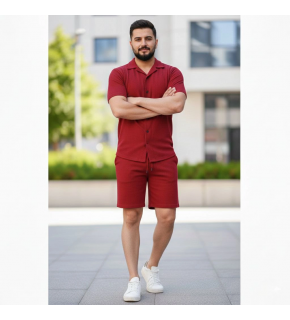 Erkek Waffle Kumaş Kısa Kol Gömlek Şort Takım Regular Yazlık İkili Set - Bordo