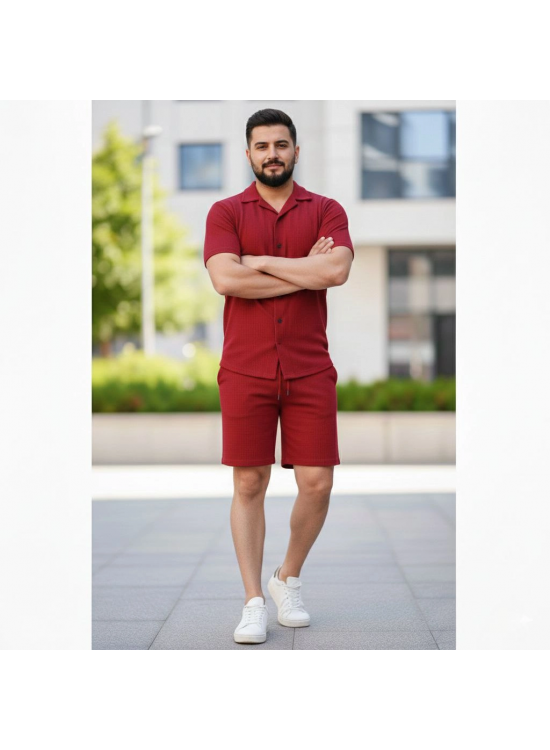 Erkek Waffle Kumaş Kısa Kol Gömlek Şort Takım Regular Yazlık İkili Set - Bordo Erkek Waffle Kumaş Kısa Kol Gömlek Şort Takım Regular Yazlık İkili Set - Bordo