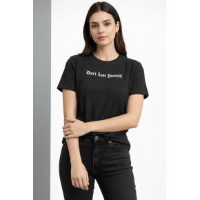 Kadın Wafıl Kumaş Tişört Regular Kalıp Bisiklet Yaka Baskılı T-Shirt - Siyah