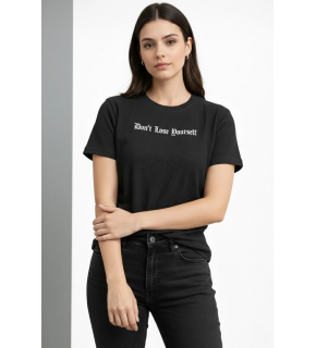 Kadın Wafıl Kumaş Tişört Regular Kalıp Bisiklet Yaka Baskılı T-Shirt - Siyah