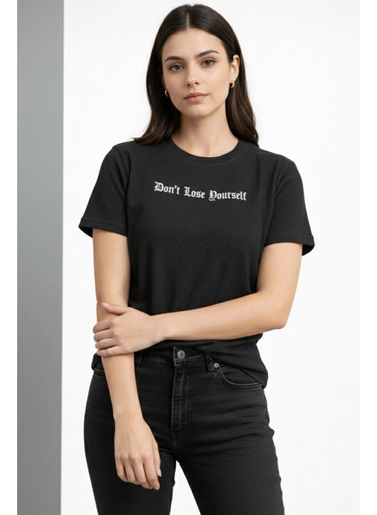 Kadın Wafıl Kumaş Tişört Regular Kalıp Bisiklet Yaka Baskılı T-Shirt - Siyah Kadın Wafıl Kumaş Tişört Regular Kalıp Bisiklet Yaka Baskılı T-Shirt - Siyah