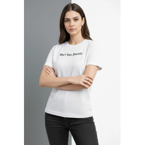 Kadın Wafıl Kumaş Tişört Regular Kalıp Bisiklet Yaka Baskılı T-Shirt - Beyaz