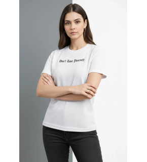 Kadın Wafıl Kumaş Tişört Regular Kalıp Bisiklet Yaka Baskılı T-Shirt - Beyaz