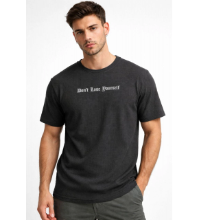 Erkek Wafıl Kumaş Tişört Regular Kalıp Bisiklet Yaka Baskılı T-Shirt - Siyah