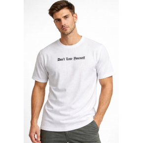Erkek Wafıl Kumaş Tişört Regular Kalıp Bisiklet Yaka Baskılı T-Shirt - Beyaz