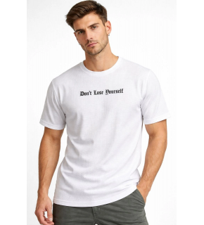 Erkek Wafıl Kumaş Tişört Regular Kalıp Bisiklet Yaka Baskılı T-Shirt - Beyaz