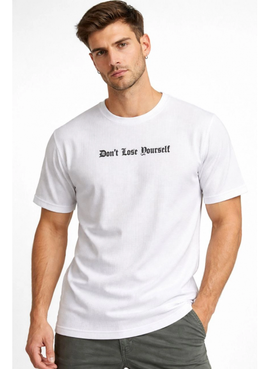 Erkek Wafıl Kumaş Tişört Regular Kalıp Bisiklet Yaka Baskılı T-Shirt - Beyaz Erkek Wafıl Kumaş Tişört Regular Kalıp Bisiklet Yaka Baskılı T-Shirt - Beyaz