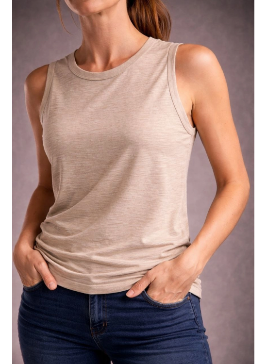 Kadın Flamlı Kumaş Kolsuz Atlet Günlük Fitness Spor T-Shirt - Taş