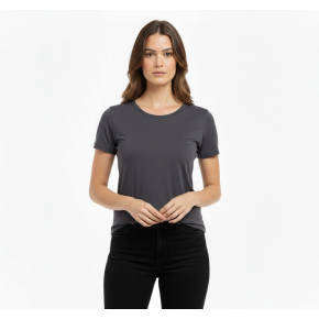 Kadın T-Shirt Bisiklet Yaka Slim Fit Likralı Tişört Yazlık Basic Body - Füme