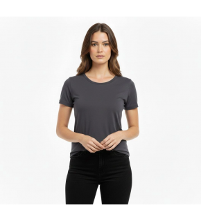 Kadın T-Shirt Bisiklet Yaka Slim Fit Likralı Tişört Yazlık Basic Body - Füme