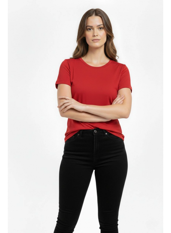 Kadın Bisiklet Yaka Slim Fit Likralı Tişört - Kırmızı Kadın Bisiklet Yaka Slim Fit Likralı Tişört - Kırmızı