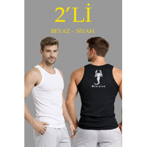 Erkek Spor Slimfit Fitilli Kaşkorse Arka Basklı Atlet 2'li Set Siyah-Beyaz