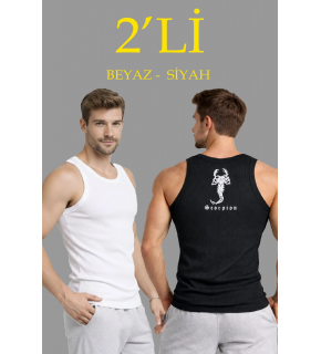 Erkek Spor Slimfit Fitilli Kaşkorse Arka Basklı Atlet 2'li Set Siyah-Beyaz