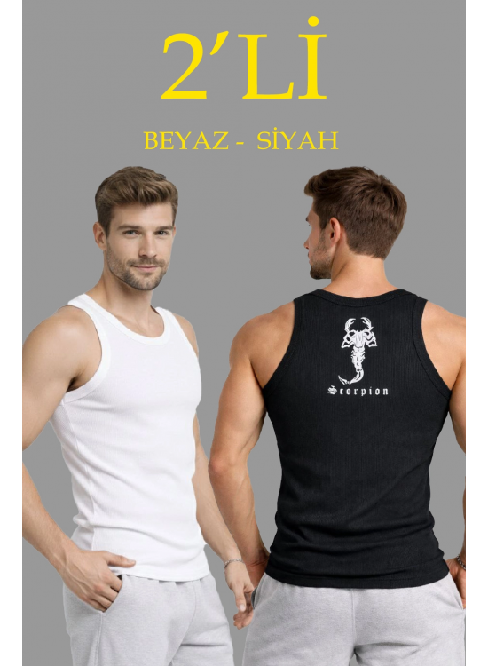 Erkek Spor Slimfit Fitilli Kaşkorse Arka Basklı Atlet 2'li Set Siyah-Beyaz Erkek Spor Slimfit Fitilli Kaşkorse Arka Basklı Atlet 2'li Set Siyah-Beyaz