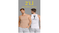 Erkek Spor Slimfit Fitilli Kaşkorse Arka Basklı Atlet 2'li Set Kahverengi-Beyaz Erkek Spor Slimfit Fitilli Kaşkorse Arka Basklı Atlet 2'li Set Kahverengi-Beyaz