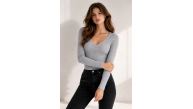 Kadın Fitilli Kaşkorse V Yaka Uzun Kollu Body Bluz Slim Fit - Gri Kadın Fitilli Kaşkorse V Yaka Uzun Kollu Body Bluz Slim Fit - Gri