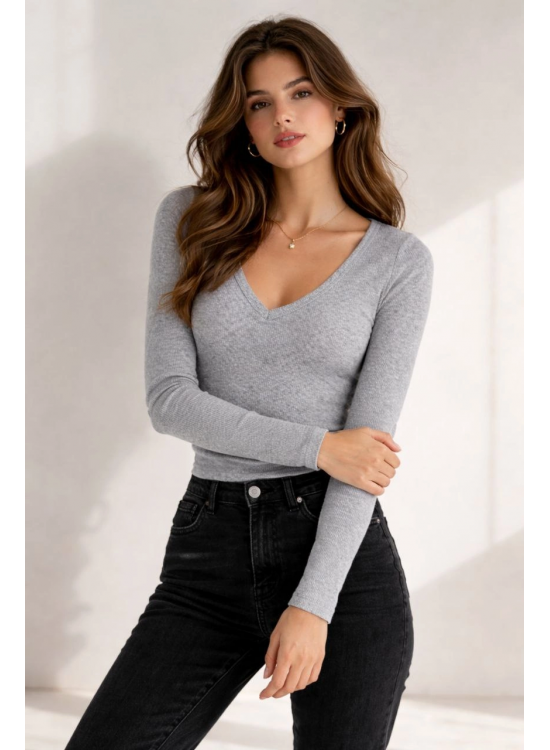 Kadın Fitilli Kaşkorse V Yaka Uzun Kollu Body Bluz Slim Fit - Gri Kadın Fitilli Kaşkorse V Yaka Uzun Kollu Body Bluz Slim Fit - Gri