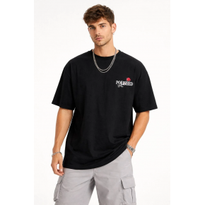 Erkek Kısa Kol Yazlık Tişört Bisiklet Yaka Baskılı Oversize T-Shirt - Siyah