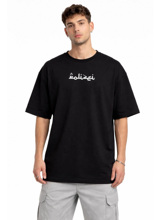 Erkek Kısa Kol Yazlık Tişört Bisiklet Yaka Baskılı Oversize T-Shirt - Siyah
