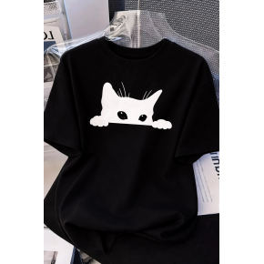 Kadınlar için Siyah Kedi Grafik Tişört - Oversize Kısa Kollu Üst Nefes Alabilir - Siyah