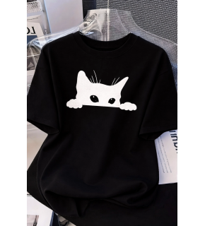 Kadınlar için Siyah Kedi Grafik Tişört - Oversize Kısa Kollu Üst Nefes Alabilir - Siyah