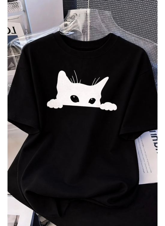 Kadınlar için Siyah Kedi Grafik Tişört - Oversize Kısa Kollu Üst Nefes Alabilir - Siyah Kadınlar için Siyah Kedi Grafik Tişört - Oversize Kısa Kollu Üst Nefes Alabilir - Siyah