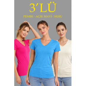 Kadın V Yaka Tişört Kısa Kol Slim Fit T-shirt 3'lü Set Pembe-Açık Mavi-Ekru