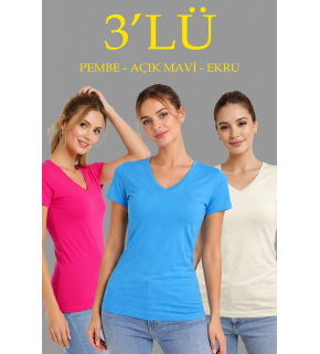 Kadın V Yaka Tişört Kısa Kol Slim Fit T-shirt 3'lü Set Pembe-Açık Mavi-Ekru