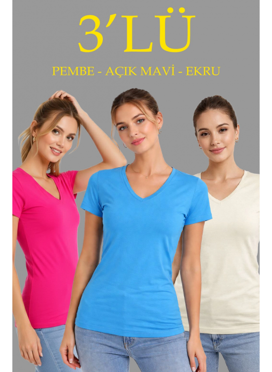 Kadın V Yaka Tişört Kısa Kol Slim Fit T-shirt 3'lü Set Pembe-Açık Mavi-Ekru Kadın V Yaka Tişört Kısa Kol Slim Fit T-shirt 3'lü Set Pembe-Açık Mavi-Ekru