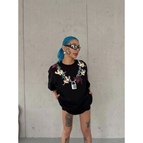 Kadın Kısa Kol Yazlık Tişört Bisiklet Yaka Baskılı Oversize T-Shirt - Siyah
