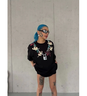 Kadın Kısa Kol Yazlık Tişört Bisiklet Yaka Baskılı Oversize T-Shirt - Siyah