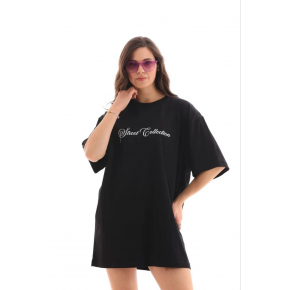 Kadın Kısa Kol Yazlık Tişört Bisiklet Yaka Baskılı Oversize T-Shirt - Siyah