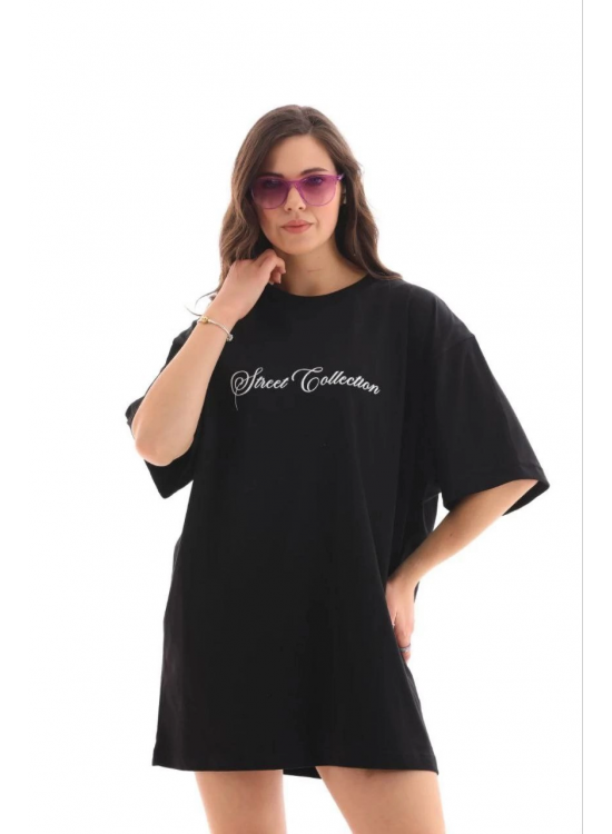 Kadın Kısa Kol Yazlık Tişört Bisiklet Yaka Baskılı Oversize T-Shirt - Siyah Kadın Kısa Kol Yazlık Tişört Bisiklet Yaka Baskılı Oversize T-Shirt - Siyah