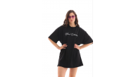 Kadın Kısa Kol Yazlık Tişört Bisiklet Yaka Baskılı Oversize T-Shirt - Siyah Kadın Kısa Kol Yazlık Tişört Bisiklet Yaka Baskılı Oversize T-Shirt - Siyah