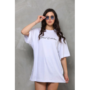 Kadın Kısa Kol Yazlık Tişört Bisiklet Yaka Baskılı Oversize T-Shirt - Beyaz